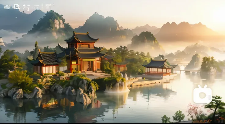 arafd view，Chinese temple on a hill with a lake, Beautiful rendering of the Tang Dynasty, Chinese, Detailed scenery —width 672, Beautiful landscape rendering, Chinese scenery, Dreamy Chinatown, 3 d virtual landscape painting, VRay Beautiful, Cyberpunk Chin...