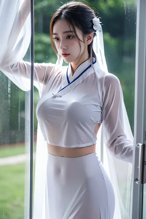 Behind the frosted glass, masterpiece, best quality, breasts_on_glass,1girl, fit body, wet semi-transparent clothes, sweat, breasts on windows, drop of water, breasts squeezed by glass,hanfu, chinese traditional dress