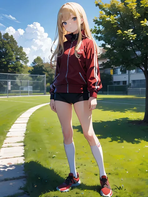 8k, masterpiece, Very detailed, Schoolyard、赤色のトラックスーツを着たblondeの女子高生、 Red tracksuit、,Black bloomers、 Sports Field,Outdoor, blonde、Medium Long Hair、
