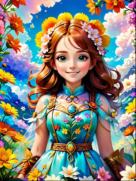 Cute wearing a costume made of flowers located among flowers in flower clouds，sourire heureux，Animation aesthetics，art à fourrure，3D cable weaving，Transparent full screen template，Exquis，8k，Ultra detailed minimalist background, coloring page