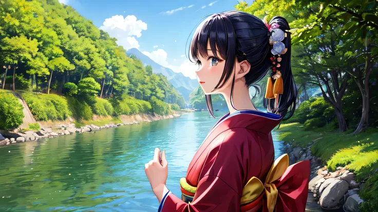 for anime,A beautiful woman in a Japanese kimono is looking at the scenery by the river,Fresh greenery