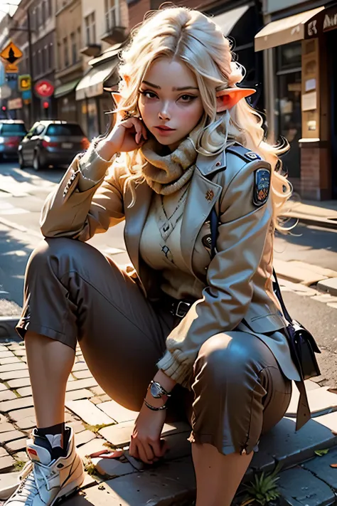 blonde elf woman sitting on the sidewalk with a scarf, elf girl, teen elf girl, very beautiful elf top model, 3d anime realistic,  earley, elfin beauty, female elf, very beautiful elf portrait, elf ears, beautiful wood elf,  , hyper-realistic fantasy art, ...