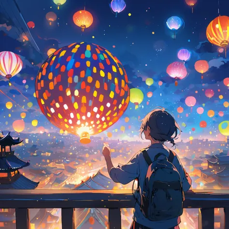 chinese city，a man watching colorful fireworks on the roof，rios，colorful lights，（（（tmasterpiece）））， （（best quality at best））， （（...