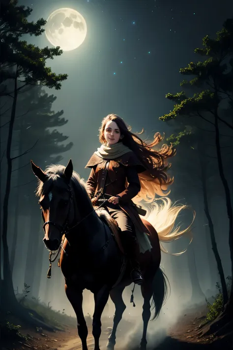 a beautiful young girl goes through a scary forest riding a horse. night, mist, fog, stars, moon, trees, scary atmosphere, dark ...