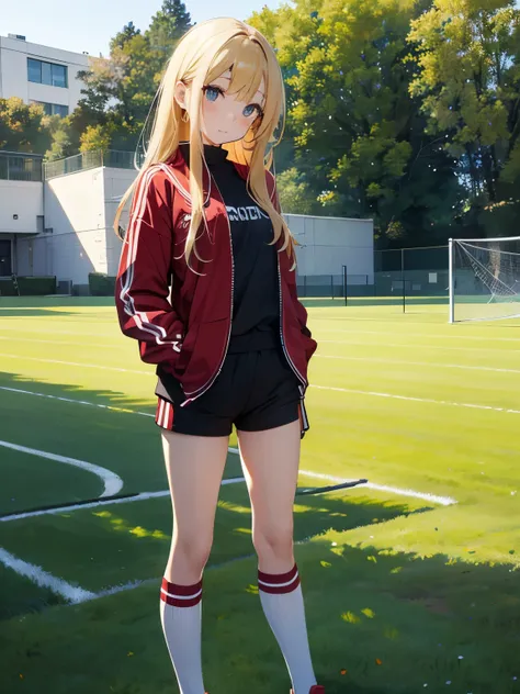 8k, masterpiece, Very detailed, Schoolyard、Sports Fieldを走るblondeの女子高生、 Red tracksuit、,Black bloomers、 Sports Field,Outdoor, blonde、Medium Long Hair、
