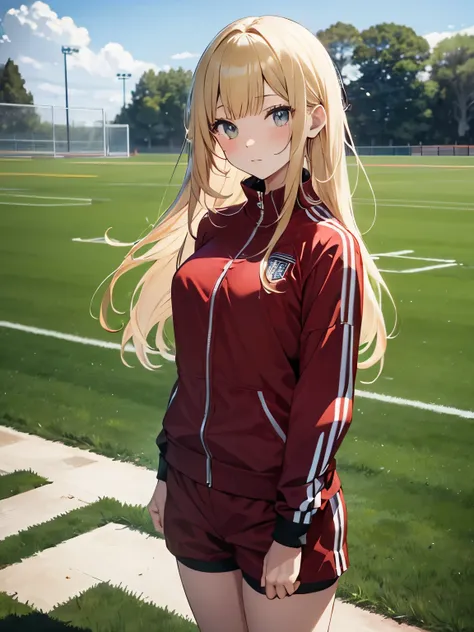 8k, masterpiece, Very detailed, Schoolyard、Sports Fieldを走るblondeの女子高生、 Red tracksuit、,Black bloomers、 Sports Field,Outdoor, blonde、Medium Long Hair、
