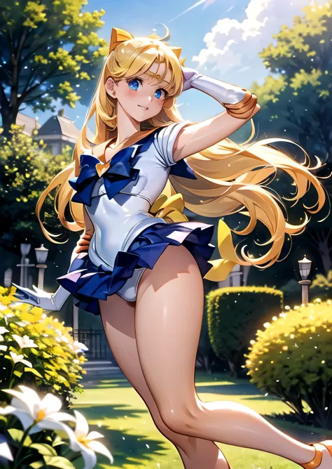 ((Sailor Venus:1.3)), mini skirt((highest quality, High resolution, Hmph, Perfect Pixel, 4K, Hmph, Hmph))), One Girl, single, alone, Beauty、((The whole body is visible:1.5))、((Detailed face, Blushing:1.2)), ((Smooth texture:0.75, Realistic texture:0.65, Re...