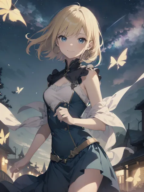 Masterpiece, Top Quality, High Resolution, Super Dimensional Face, Cute Eyes, Very Beautiful Girl in Long Blue Dress Anime Character, One Beautiful Girl, Long Dress, Solo, Blue Dress, (Bob-cut Hair:1.1), Amber Eyes, Gazing, Blonde Hair, ((Hair Fluttering i...