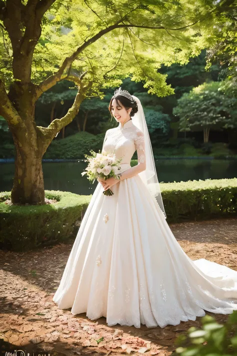 In the heart of a tranquil Flower Forest, bathed in the ethereal glow of dreamy colors, a group of elegant Chinese couples gathered for their once-in-a-lifetime wedding photos. Amidst the sea of vibrant blooms and towering trees, one bride stood out, her r...