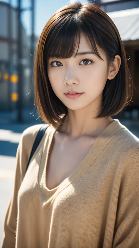 japanese woman, head shot, from front, serious expression, brown eyes, medium hair, bangs, warm tones, industrial buildings, photography, simplicity, high resolution, natural makeup, young adult, Fujifilm XT3, Canon R5, Fujicolor Fujichrome Velvia 100,smil...