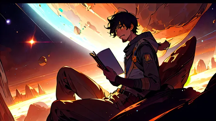 Draw a young programmer, sitting on a research platform floating in the middle of an asteroid belt. He is studying with a notebook, surrounded by several asteroids glowing with fiery auras. Dramatic lighting from distant stars and planets illuminates the s...