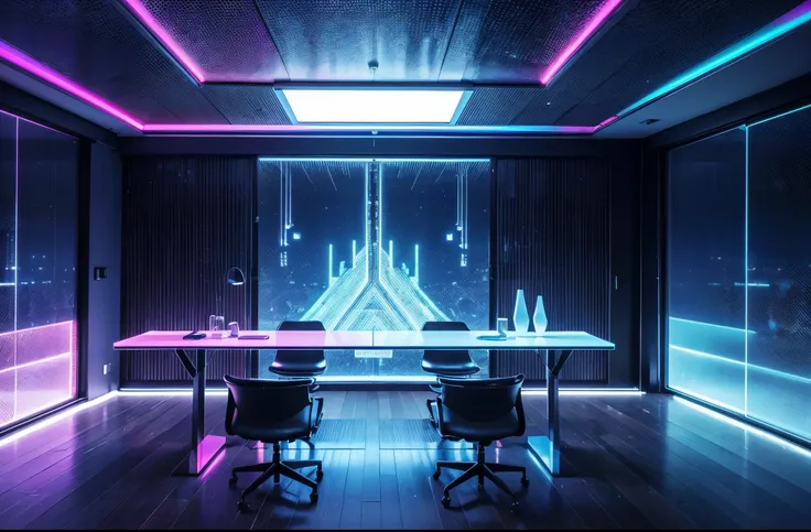 (best quality,4k,8k,highres,masterpiece:1.2),ultra-detailed,(realistic,photorealistic,photo-realistic:1.37),blue and pink cyberpunk empty room with furniture (no person),futuristic neon lights,high-tech,modern design,transparent walls,reflection on the flo...