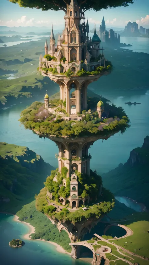 A fantastical and ethereal landscape with floating islands, lush greenery, and majestic buildings