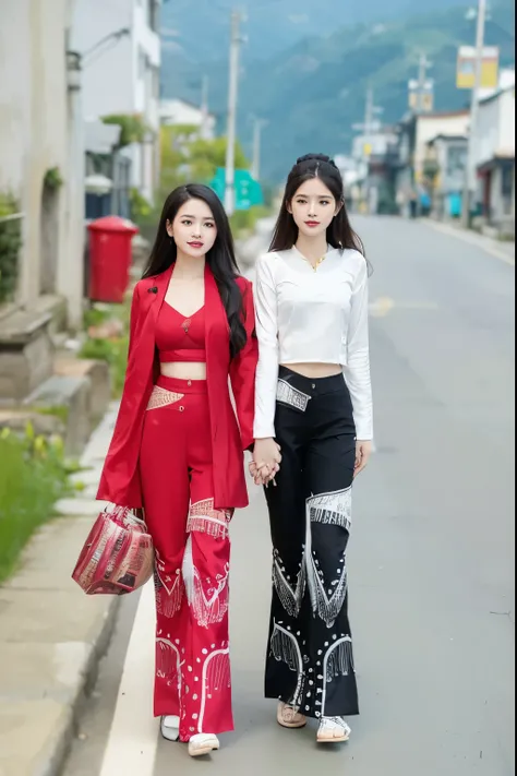 Two women holding hands walking down the street, ao dai, Lambs Style, traditional tai costume, full body xianxia, mine, traditional clothes, Wearing long, flowing clothes, Only available in black and red, Pants, traditional, wearing chinese clothes, Chines...