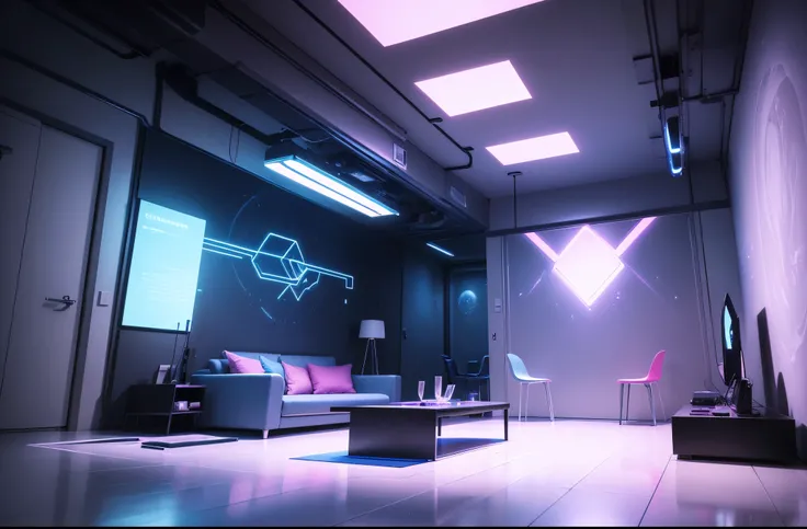 (best quality,4k,8k,highres,masterpiece:1.2),ultra-detailed,(realistic,photorealistic,photo-realistic:1.37),blue and pink cyberpunk empty room with furniture (no person),futuristic neon lights,high-tech,modern design,transparent walls,reflection on the flo...