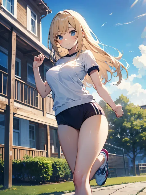 グラウンドをRun体操着姿の女の子、blonde、Semi-long hair、Very detailed、High resolution、Super Beauty　highest quality、8Kのmasterpiece, highest quality, The real picture, Intricate details, The Very detailed, 超A high resolution, Depth Field,(Photorealistic,Realistic:1.2),maste...