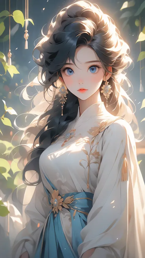 (1teenager:1.3),( 13years old:1.3),slim body,white skin,black hair,long hair,dress,white hair,cat ears,The morning sun filtered through the leaves,On Jings long blonde hair,Illuminates her bright blue eyes,She was wearing a long pale blue dress,Tread light...