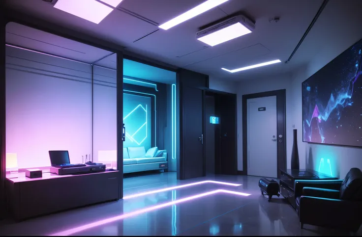 (best quality,4k,8k,highres,masterpiece:1.2),ultra-detailed,(realistic,photorealistic,photo-realistic:1.37),blue and red cyberpunk empty room with furniture (no person),futuristic neon lights,high-tech,modern design,transparent walls,reflection on the floo...