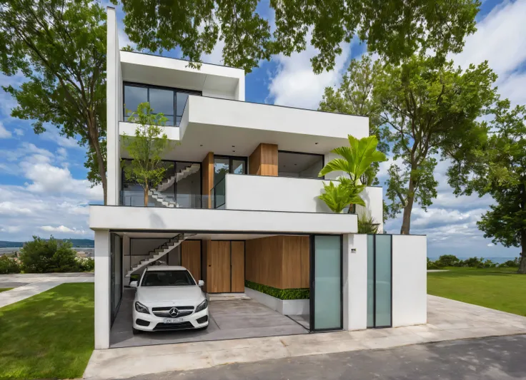 chef-d'artwork, high quality, best quality, authentique, Great detail, en plein air, style de maison moderne,bietthuhn, mur blanc, glass windows, porte d'entrance,pavement, herbe, des arbres,ciel bleu, nuage, (jour:1.1), Realistic Lighting