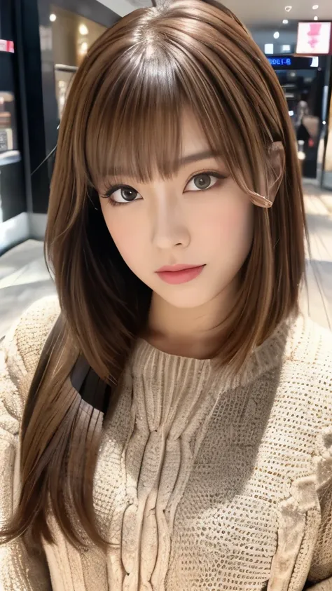 Best quality, 8k,  ,Masterpiece :1.3)), facing viewer,((full body1.2)) ,pretty woman, wide shot ,1girl, , selfie   , ,, Shopping Mall, brown hair  , bangs,ultra-detailed face, highly detailed lips, detailed eyes, double eyelid