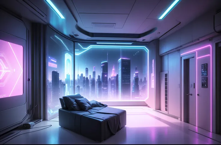 (best quality,4k,8k,highres,masterpiece:1.2),ultra-detailed,(realistic,photorealistic,photo-realistic:1.37),blue and pink cyberpunk empty room with furniture, futuristic interior design, neon lights, holographic displays, sleek and minimalist furniture, re...