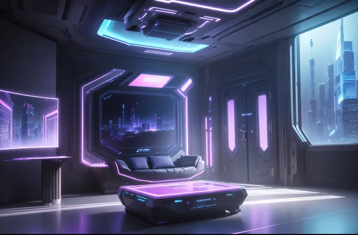 (best quality,4k,8k,highres,masterpiece:1.2),ultra-detailed,(realistic,photorealistic,photo-realistic:1.37),blue and pink cyberpunk empty room with furniture, futuristic interior design, neon lights, holographic displays, sleek and minimalist furniture, re...