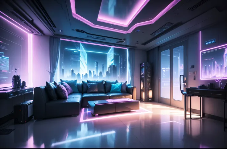 (best quality,4k,8k,highres,masterpiece:1.2),ultra-detailed,(realistic,photorealistic,photo-realistic:1.37),blue and pink cyberpunk empty room with furniture, futuristic interior design, neon lights, holographic displays, sleek and minimalist furniture, re...