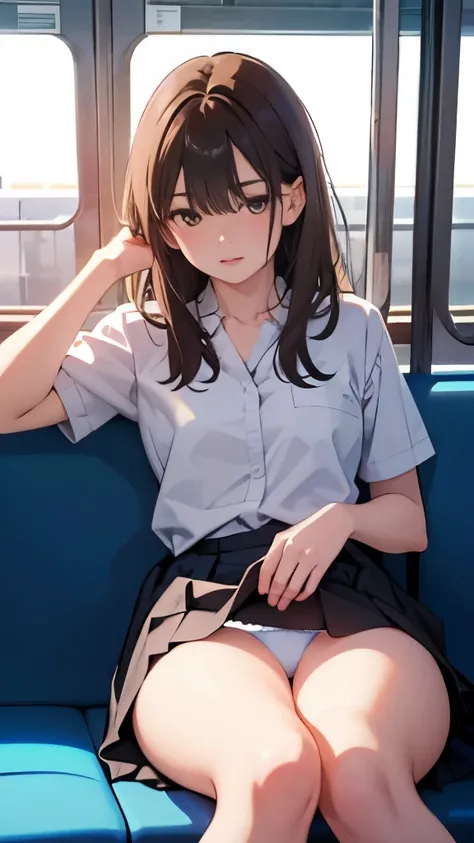 "(masterpiece, High resolution, Ultra High resolution, 4k) brown hair, sae skirt, emphasize the thighs, white thighs, soft thighs, shiny thighs, Sitting on the train, facing angle, (bottom corner), Sitting on the train seat, sitting in front, camera zooms ...