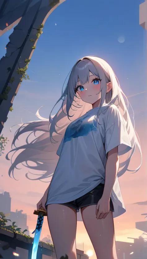 Resolution full, best quality, masterpiece, full HD, beautifull girl, foggy theme, super detailed, 1girl, cute girl, long hair, white light  hair, detailed beautiful blue ocean eyes, white T - shirt oversized, holding glowing katana. from below, in ruins, ...