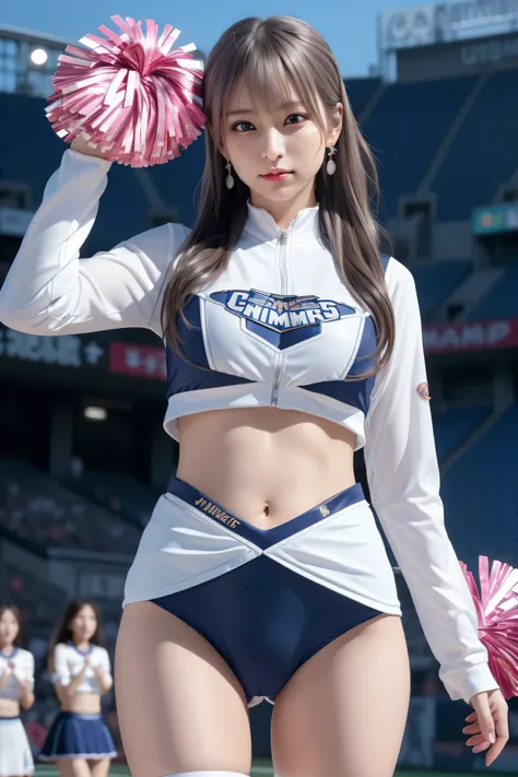 (8k, ultra high res, best quality, masterpiece:1.2),ultra-detailed,solo,beautiful detailed face, complete anatomy, 1girl, solo, dynamicangle,dancing,(cheerleader:1.3),(outdoors:1.5),mullethairstyle,navel,(viewarmpits:1.7),(stadium:1.5),(cheer dance:1.5) (s...