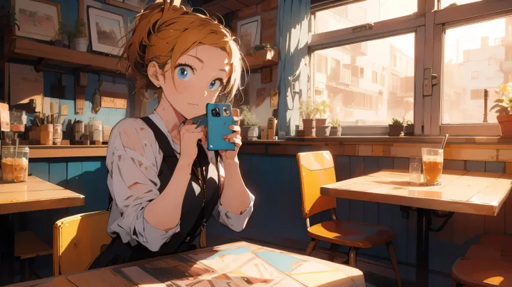 ((1woman:1)),((taking-a-selfie:1)),((high-angle-view:1.2)), in a cafe, ((aesthetic:1)), ((short-ponytail:1))