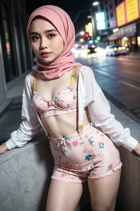 strapless Colourful bra, (floral pattern), Tiny (Wearing Lingerie Suspender), (((HIJAB MALAY GIRL))), masutepiece, High quality, UHD 32K, Realistic face, Realistic skin feeling , A Malay Lady, 8 years old, , Very cute and baby-like face, (((FLAT CHEST))), ...