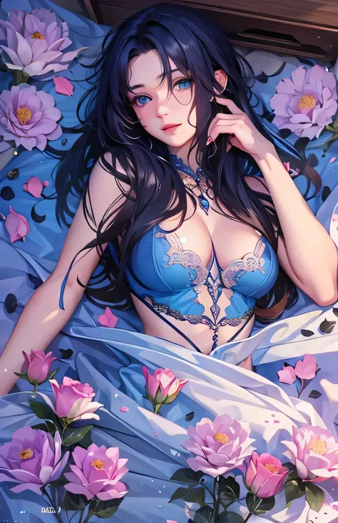 ((highest quality)), ((masterpiece)), (Get used to it), Perfect Face , beautiful girl , Beautiful long black hair , Beautiful Blue Eyes , In underwear ,  Blue roses scattered , Lying in bed ,