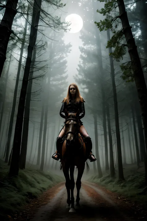 (best quality,highres:1.2),ultra-detailed,realistic,horror,portrait,forest scene,scary girl riding horse,moonlit night,haunting atmosphere,ominous mist and fog,majestic trees,star-filled sky