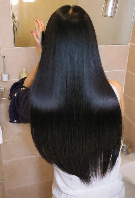 there is a woman that is brushing her long hair in the bathroom, a hyperrealistic painting by Kanbun Master, tumblr, tachisme, thick shining black hair, long black shiny hair, the woman has long dark hair, black silky hair, her hair is long and straight, s...