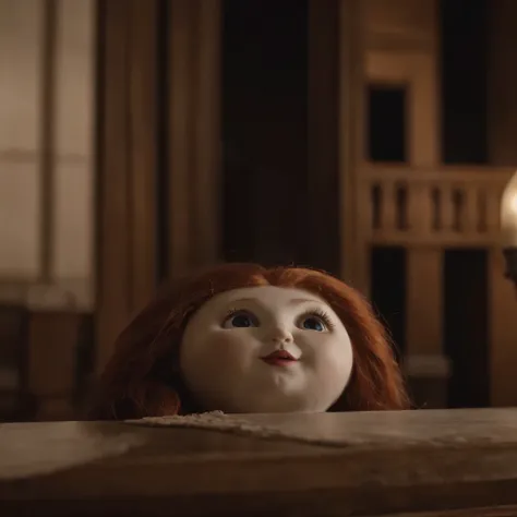 Very scary doll made of wool laughs，（（（Very dark study room）））dark night，（（（Horror atmosphere）））（（（masterpiece）））， （（best quality））， （（intricate details））（8k）
