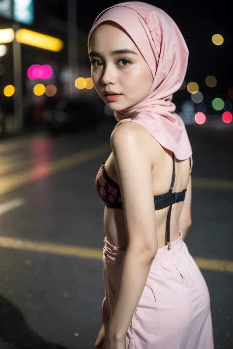 strapless Colourful bra, (floral pattern), Tiny (Wearing Lingerie Suspender), (((HIJAB MALAY GIRL))), masutepiece, High quality, UHD 32K, Realistic face, Realistic skin feeling , A Malay Lady, 8 years old, , Very cute and baby-like face, (((FLAT CHEST))), ...