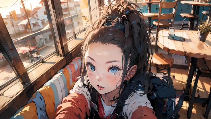 ((1woman:1)),((taking-a-selfie:1)),((high-angle-view:1.2)), in a cafe, ((aesthetic:1)), ((short-ponytail:1))