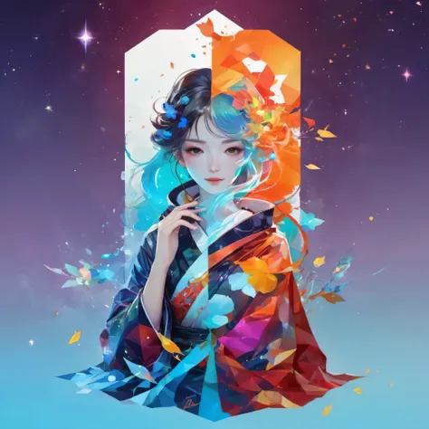  Polygon Art、Quantum entanglement、Double Exposure、 （Polygon Art）、Great background、Minimalism, Color Field Painting, By Alphonse Mucha,Stardust、 Attention to detail, Textured skin、Face decoration、Digital, shape, Digital art, Digital painting, anime art wall...