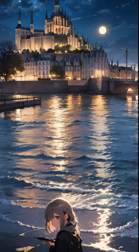 Create a masterpiece image set in Mont Saint-Michel and its bay at night。The scene is enveloped in the soft glow of moonlight、Cast long shadows、Illuminate the ancient architecture of the monastery。This girl is beautiful and adorable。She was exploring the h...