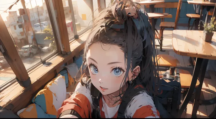 ((1woman:1)),((taking-a-selfie:1)),((high-angle-view:1.2)), in a cafe, ((aesthetic:1)), ((short-ponytail:1))