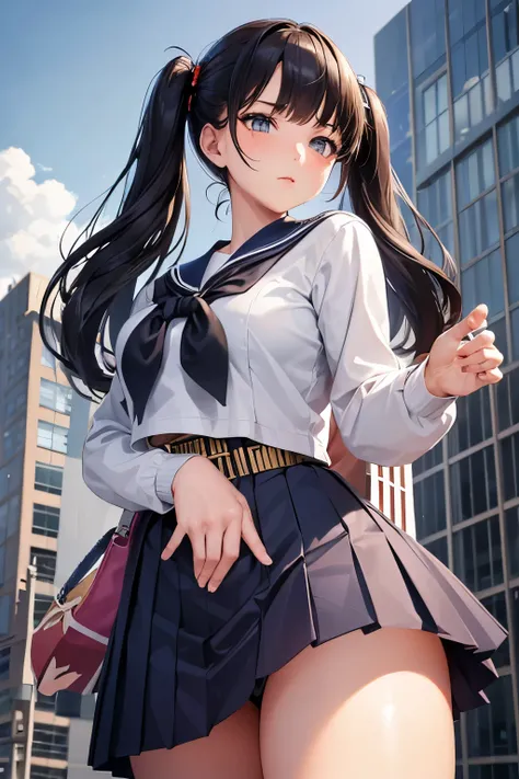 A high school girl bigger than a building crushes a building, wearing a Japanese sailor suit, with a navy pleated skirt, from the perspective of a citizen, looking up from below, glaring at the citizens beneath her feet, a masterpiece, high definition, spe...