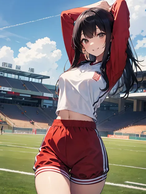 8k, masterpiece, Very detailed, Schoolyard、Sports Fieldを走るBlack Hairの女子高生、Red tracksuit、,Black bloomers、High leg、 Sports Field,Outdoor, Black Hair、Medium Long Hair、smile、Beautiful breasts
