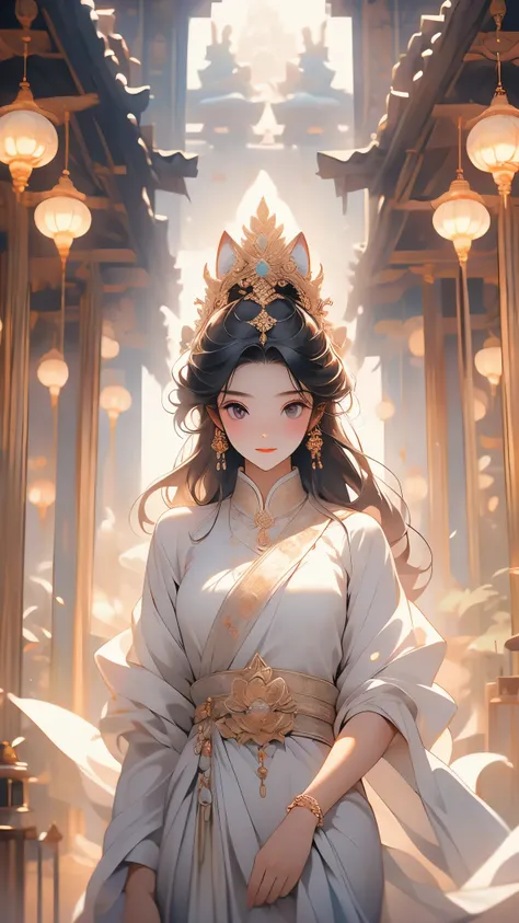 (1teenager:1.3),( 13years old:1.3),slim body,white skin,black hair,long hair,dress,white hair,cat ears,The woman in the temple,Young and serene,Her hair cascaded down to her waist,Eyes as blue as the sky,She was dressed in a white robe,There was a reverent...