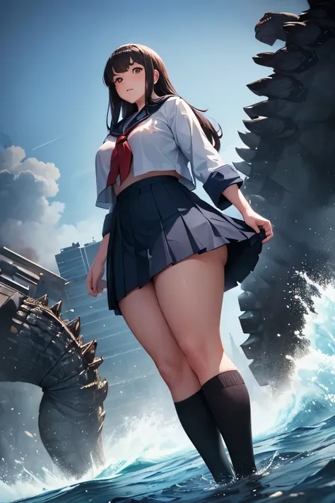 ((A high school girl as huge as Godzilla destroys a building)), Japanese sailor suit, navy blue pleated skirt, citizens perspective, perspective looking up from below, glaring at the citizens at her feet, masterpiece, high definition,