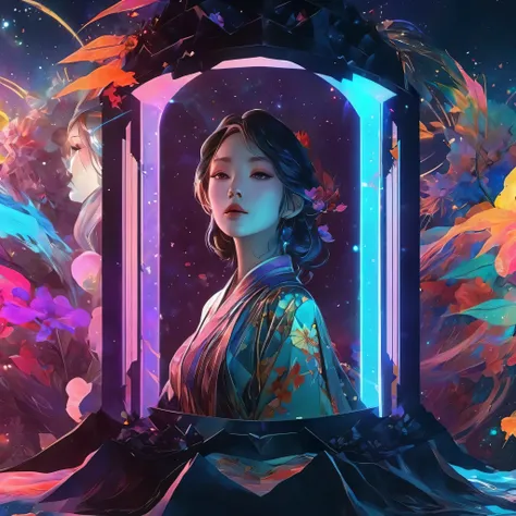  Polygon Art、Quantum entanglement、Double Exposure、 （Polygon Art）、Great background、Minimalism, Color Field Painting, By Alphonse Mucha,Stardust、 Attention to detail, Textured skin、Face decoration、Digital, shape, Digital art, Digital painting, anime art wall...