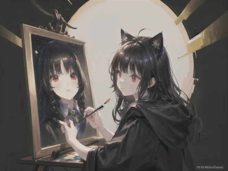 1girl long black hair with bangs and cat ears and red eyes in magic castle with blinking stars，Harry Potter y Van Gogh&#39;the dream collaboration，Oil paint brush strokes