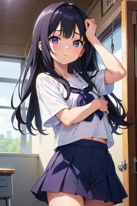 8-year-old Elementary school girl Flat Chest Black Hair Long Hair Purple Eyes 1 person White T-shirt on upper body navy blue mini skirt White panties Dynamic Angle Low - Angle