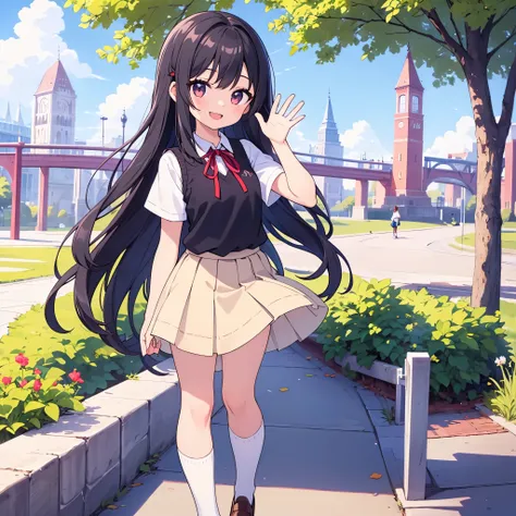 {{{1girl}}}, small bust size, tall height, {{beautiful long black hair}}, teen, white short sleeve, {black sweatervest}, {{red neck ribbon}}, {beige skirt}, {white high knee socks}, {black loafers}, in a park, perfect quality, smiling, waving