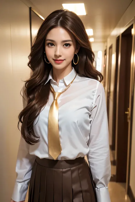 highest quality, masterpiece, 8k, Ultra-high resolution, (Realistic: 1.4), 1 girl, Beautiful Face, Symmetrical eyes, big, Perfect Body Proportions, ((((Extra long brown hair:1.2)))),((Loosely inward wavy hair:1.2)),((Gold Necklace＿Large earrings:1.2)), The...